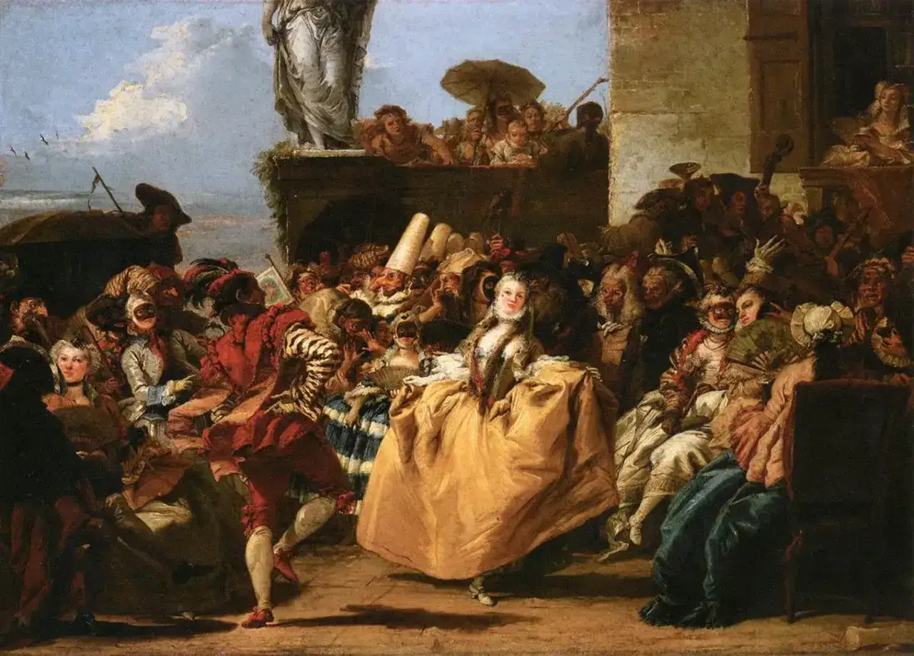 Festa in maschera con dame e cavalieri, un'istantanea che evoca l'atmosfera del carnevale origine.