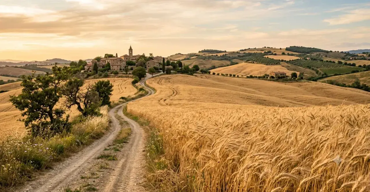 Campagna toscana dorata, con un campo di spighe che ondeggiano al vento, un sentiero tortuoso e un borgo in collina. La spiga, simbolo di abbondanza.