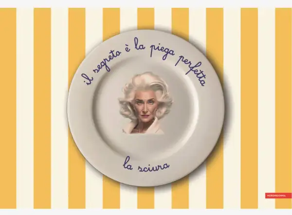 Piatto con ritratto di una sciura milanese e la scritta "il segreto è la piega perfetta".