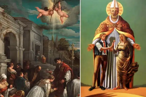 San Valentino, martire, benedice una coppia. La sua morte è legata al suo amore per gli sposi.