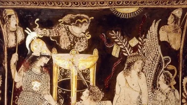 Antica pittura su vaso raffigurante divinità e figure mitologiche, forse legata ai **nomi dei mesi origine**.