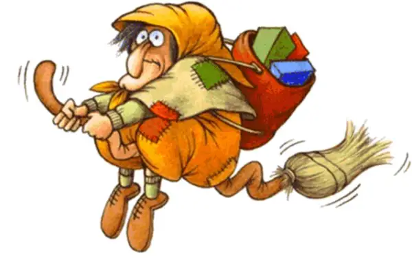 Una Befana vola su una scopa, con un sacco pieno di doni. Non tutte le befane sono brutte, alcune sono proprio befane belle!