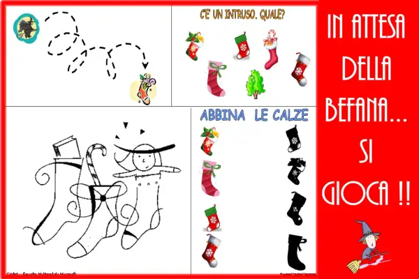 Giochi della Befana: un percorso per la strega, un intruso tra le calze e un gioco di abbinamento. Divertimento in attesa!