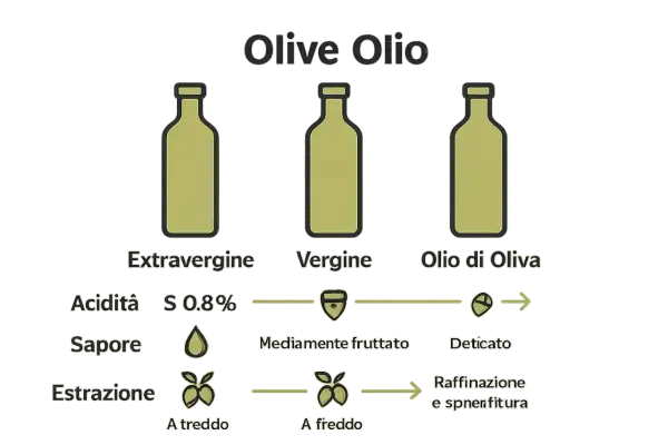 Piva piva l'olio d'oliva: Extravergine, Vergine e Olio di Oliva, con differenze di acidità, sapore ed estrazione.