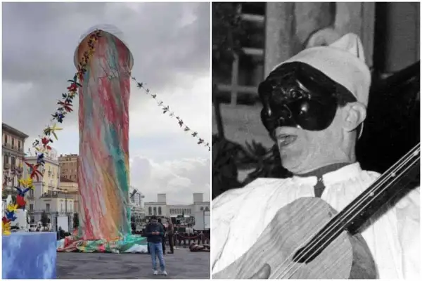 Un'installazione colorata e una maschera di Pulcinella, simbolo di libertà e tradizione napoletana. Il pulcinella maschera significato è un'espressione di gioia.
