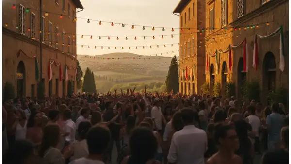 Festa in piazza a Cappelle sul Tavo per il Palio delle Pupe. Luci colorate, bandiere e tanta gente festeggia sotto il sole.
