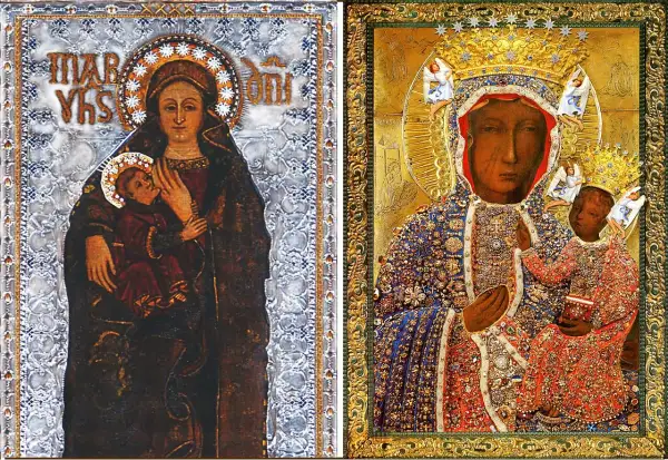 Icone sacre affiancate: una Madonna di colore con Bambino, con aureola e iscrizioni, e un'altra Madonna di colore, riccamente ornata, con corone e angeli.