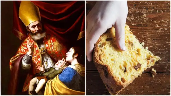 San Biagio, protettore della gola, si celebra il 3 febbraio. Qui, un dipinto del santo e una fetta di panettone, dolce tipico delle feste.
