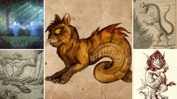 Collage di creature mitologiche: un felino fantastico, un serpente, un drago e figure fatate in un bosco.