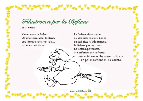 Filastrocca sulla Befana di G. Rodari con disegno di una strega su scopa. La Befana arriva da lontano, ma se stai zitto, non la senti.