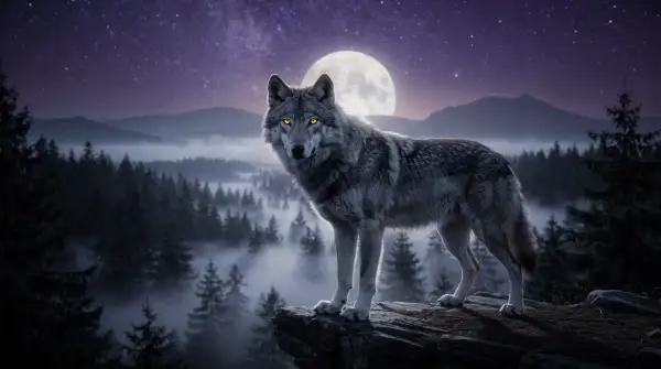 Lupo maestoso con occhi luminosi, simbolo del lupo significato spirituale, domina una scogliera sotto una luna piena e un cielo stellato.