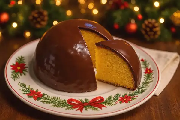 Un delizioso parrozzo abruzzese, ricoperto di cioccolato lucido, su un piatto decorato per le feste.