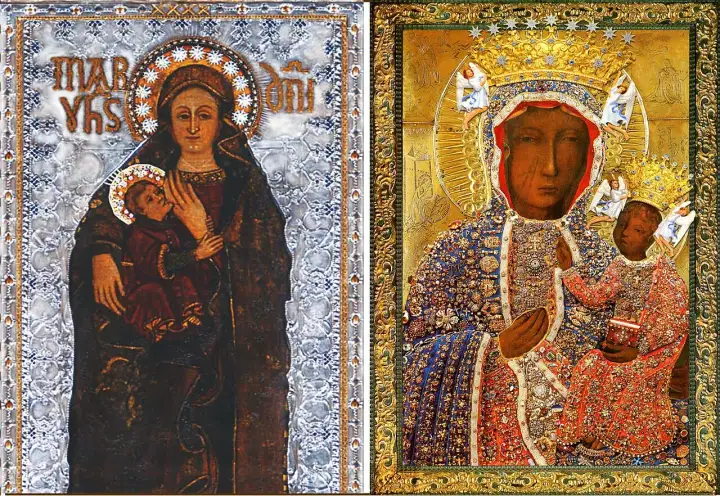 Icone sacre affiancate: una Madonna di colore con Bambino, con aureola e iscrizioni, e un'altra Madonna di colore, riccamente ornata, con corone e angeli.